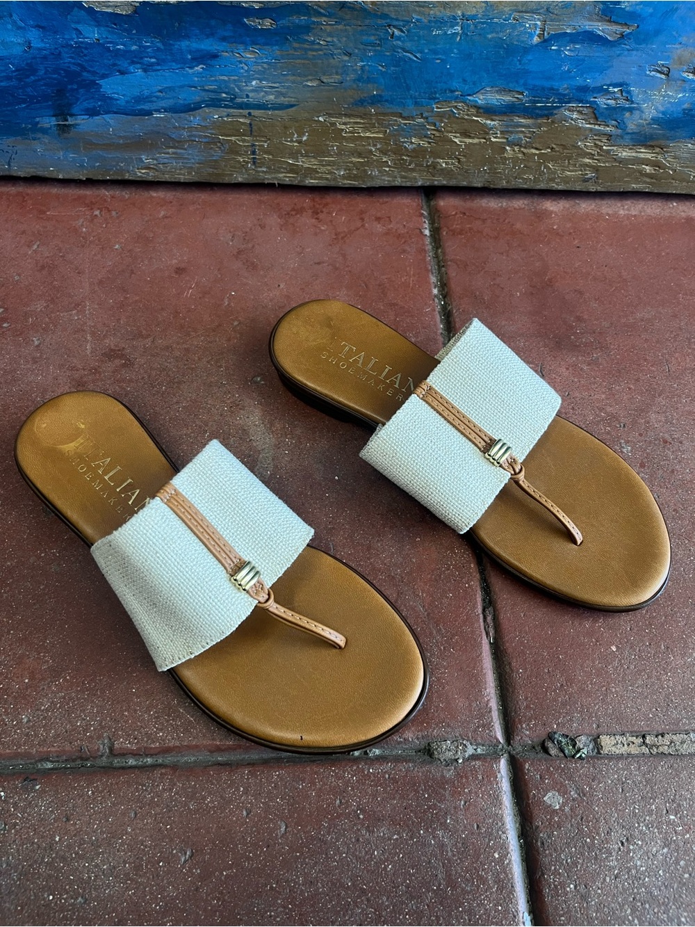 Italian Shoemakers White & Tan Slide Sandals with Woven Strap